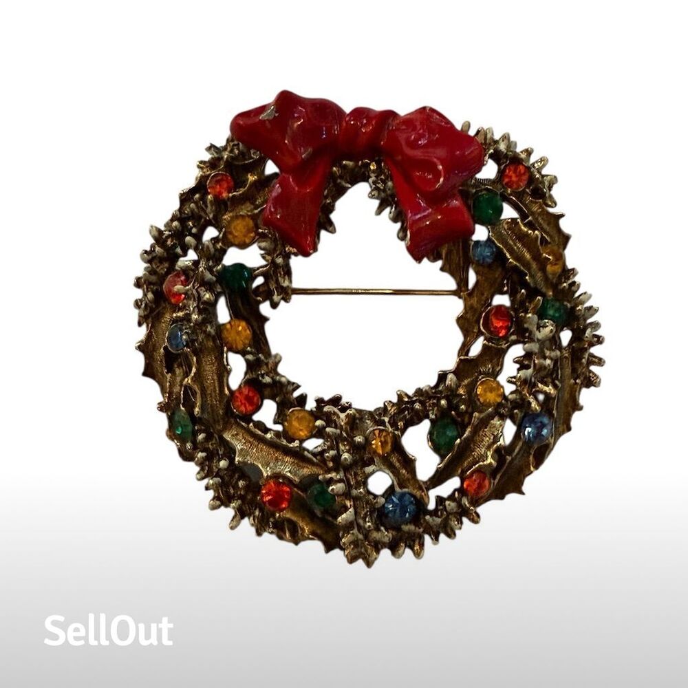 Vintage Arthur Pepper Christmas Wreath Brooch Multicolor Rhinestones